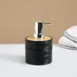 3 Pieces Plastic Bathroom Accessories Set with Bamboo Lid Bath Accessory Kit Including Liquid Soap Dispenser Cotton Swab Jar and Tray Black - Image 2