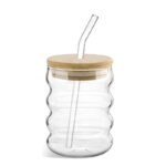 300 ML Drinking Glass Jar with Wooden Lid and Glass Straw Tumbler Glass for Iced Coffee Juice Cocktail Beer and Cold Beverages 1 Piece