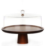 33 CM Round Acacia Wood Cake Stand with Dome Clear Acrylic Cover Wooden Footed Serving Display Tray for Cake Desserts Patisserie and Appetizers