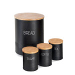 4 Pieces Metal Canister Set with Airtight Seal Bamboo Lids Kitchen Storage and Organization Canisters for Coffee Tea Sugar and Bread Black