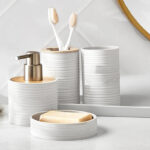 4 Pieces Plastic Bathroom Accessories Set with Bamboo Lid Bath Accessory Kit with Soap Dispenser Soap Dish Tray Toothbrush and Toothpaste Holder White