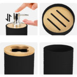 4 Pieces Plastic Bathroom Accessories Set with Bamboo Lid Bath Accessory Kit with Soap Dispenser Soap Dish Tray Toothbrush and Toothpaste Holder Black - Image 4
