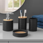 4 Pieces Plastic Bathroom Accessories Set with Bamboo Lid Bath Accessory Kit with Soap Dispenser Soap Dish Tray Toothbrush and Toothpaste Holder Black - Image 2