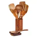 9 Pieces Natural Teak Wooden Kitchen Utensil Set with Spoon Rest Comfort Grip Cooking Spoons and Utensils Holder Durable Non Stick Cookware Set Brown
