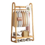 161 CM X 83 CM Bamboo Garment Rack Single Rail Clothes Racks with 4 Hooks and Storage Shelf Free Standing Organizer Rack for Bedroom and Entryway