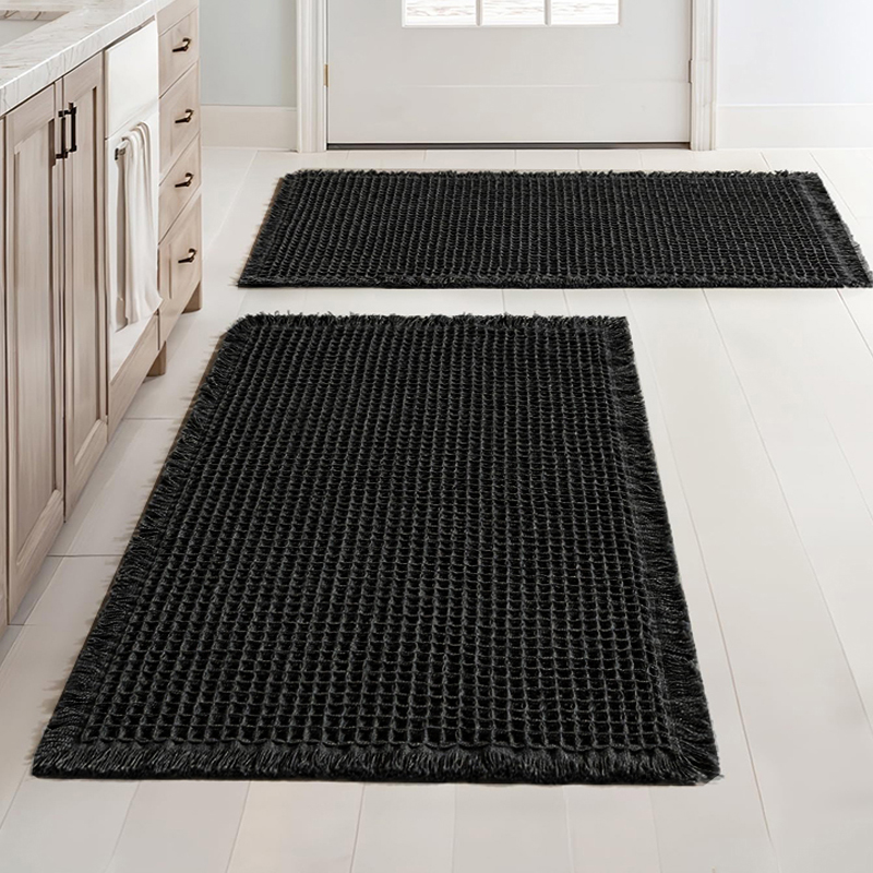 Cotton Bath Mat with Tassels Non Slip Bathroom Rug Super Absorbent Ultra Soft Boho Decor Shower Mat Machine Washable Floor Mats (28) 95 CM X 65 CM Cotton Waffle Dry Bathroom Rug Non Slip Kitchen Mat with Tassels Super Absorbent Ultra Soft Boho Decor Floor Mats Machine Washable - Image 1