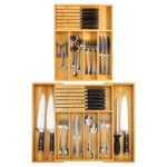 Expandable Kitchen Drawer Organizer 100% Bamboo Organizer Tray 7 Compartments with Knife Block Great for Silverware Utensils Flatware and Cutlery