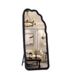 170 CM Full Length Mirror with Stand Irregular Wavy Mirrors Suede Wrapped Wooden Frame Standing Floor Mirror Hanging or Leaning Against Wall Black