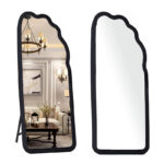 177 CM Full Length Mirror with Stand Irregular Wavy Mirrors Suede Wrapped Wooden Frame Standing Floor Mirror Hanging or Leaning Against Wall Black