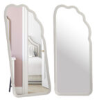 177 CM Full Length Mirror with Stand Irregular Wavy Mirrors Suede Wrapped Wooden Frame Standing Floor Mirror Hanging or Leaning Against Wall White
