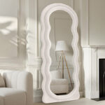 177 CM Full Length Mirror with Stand Irregular Wavy Mirrors Suede Wrapped Wooden Frame Standing Floor Mirror Hanging or Leaning Against Wall White - Image 2