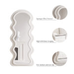 170 CM Full Length Mirror with Stand Irregular Wavy Mirrors Suede Wrapped Wooden Frame Standing Floor Mirror Hanging or Leaning Against Wall White - Image 4