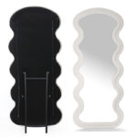 160 CM Full Length Mirror with Stand Irregular Wavy Mirrors Suede Wrapped Wooden Frame Standing Floor Mirror Hanging or Leaning Against Wall White