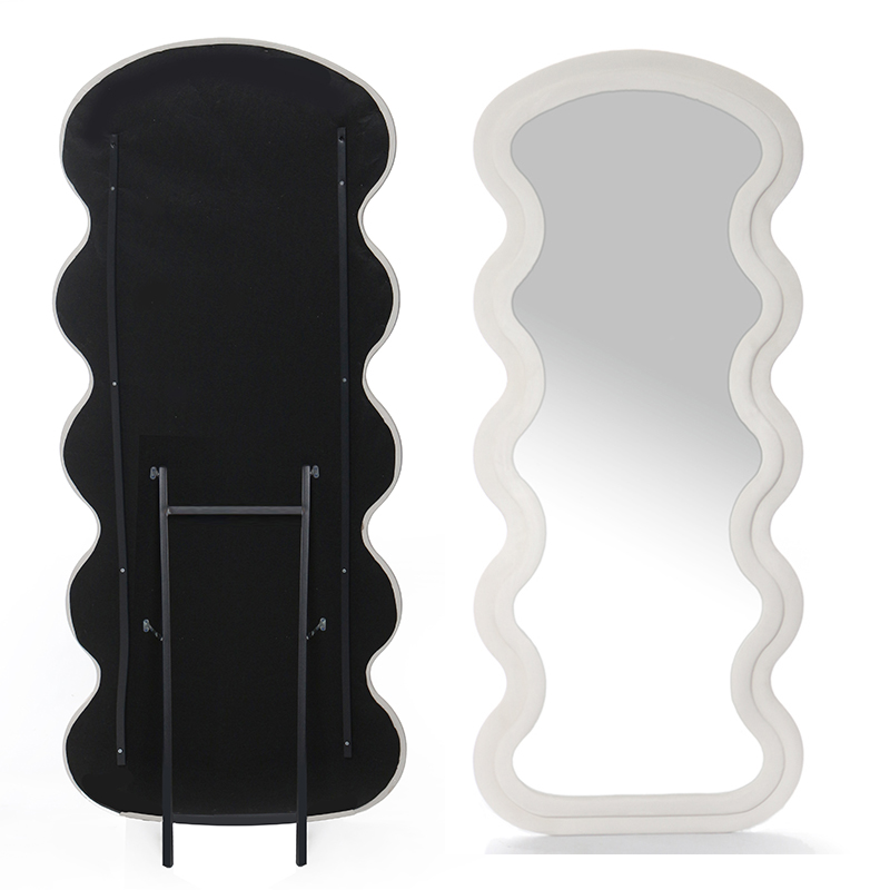 Full Length Mirror with Stand Irregular Wavy Mirrors Suede Wrapped Wooden Frame Standing Floor Mirror Hanging or Leaning Against Wall White (5) 160 CM Full Length Mirror with Stand Irregular Wavy Mirrors Suede Wrapped Wooden Frame Standing Floor Mirror Hanging or Leaning Against Wall White - Image 1
