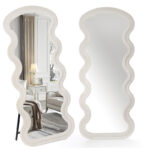 177 CM Full Length Mirror with Stand Irregular Wavy Mirrors Suede Wrapped Wooden Frame Standing Floor Mirror Hanging or Leaning Against Wall White