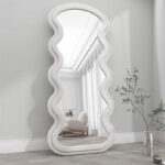 170 CM Full Length Mirror with Stand Irregular Wavy Mirrors Suede Wrapped Wooden Frame Standing Floor Mirror Hanging or Leaning Against Wall White