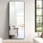 179 CM Full Length Mirror with Stand Rectangular Mirrors with Aluminum Frame Rounded Corner Standing Floor Mirror Hanging or Leaning Against Wall Black - Image 2