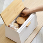 36 CM Iron Bread Box with Bamboo Flip Lid Large Capacity Bread Bin Space Saving Bread Keeper Holder Kitchen Storage Container for Bread and Cake White - Image 2