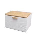 36 CM Iron Bread Box with Bamboo Flip Lid Large Capacity Bread Bin Space Saving Bread Keeper Holder Kitchen Storage Container for Bread and Cake White