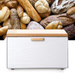 36 CM Iron Bread Box with Bamboo Flip Lid Large Capacity Bread Bin Space Saving Bread Keeper Holder Kitchen Storage Container for Bread and Cake White - Image 4