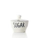 Porcelain Sugar Bowl with Lid and Text Design Sugar Glazed Storage Bowls with Black Rim for Home Kitchen Restaurant and Coffee Bar