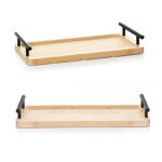 33 CM Rectangle Bamboo Tray with Metal Black Handles Multipurpose Serving Trays for Food Drinks Snacks and Appetizers 1 Piece Beige