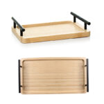 28 CM Rectangle Bamboo Tray with Metal Black Handles Multipurpose Serving Trays for Food Drinks Snacks and Appetizers 1 Piece Beige