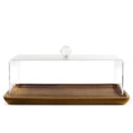 34 CM Rectangular Wooden Base Cake Stand with Dome Clear Acrylic Cover Display Serving Tray for Cake Dessert Patisserie and Appetizers