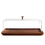 34 CM Rectangular Wooden Base Cake Stand with Dome Clear Acrylic Cover Display Serving Tray for Cake Dessert Patisserie and Appetizers