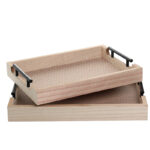 Set of 2 Rectangular Wooden Trays with Black Metal Handles Multipurpose Serving Trays for Food Drinks Snacks and Appetizers Beige