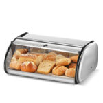 43 CM Stainless Steel Roll Top Bread Box Large Capacity Bread Bin Space Saving Bread Keeper Holder Kitchen Storage Container for Bread and Cake Silver