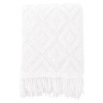 127 CM X 172 CM Knitted Throw Blanket with Tassels Diamond Pattern Soft Warm Breathable for Bedspread Couch and Sofa 1 Piece White - Image 3