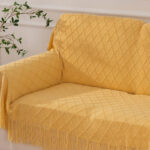 127 CM X 172 CM Knitted Throw Blanket with Tassels Diamond Pattern Soft Warm Breathable for Bedspread Couch and Sofa 1 Piece Yellow - Image 4