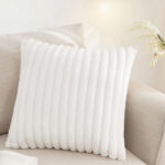 45 CM X 45 CM Throw Pillow Cover with 500G Insert Included Faux Rabbit Fur Velvet Striped Square Cushion with Zipper Closure for Living Room Bedroom White 1 Piece - Image 2