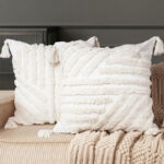 45 CM X 45 CM Handwoven Cotton Throw Pillow Cover with 500G Insert Included with Tassels White Tufted Line Pattern Cover with Zipper for Living Room Bedroom White 1 Piece - Image 2