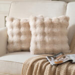 45 CM X 45 CM Throw Pillow Cover with 500G Insert Included Fluffy Faux Rabbit Fur Plaid Squared Cushion Cover with Zipper for Living Room Bedroom Beige1 Piece - Image 2