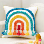 45 CM X 45 CM Throw Pillow Cover with 500G Insert Included with Tassels Tufted Embroidered Rainbow Design Squared Cushion with Zipper for Living Room Bedroom White 1 Piece - Image 4