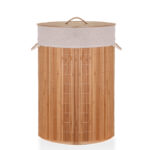 46 CM Wooden Bamboo Foldable Laundry Basket with Rope Handles Collapsible Laundry Hamper with Lid Built in Lining Clothes Storage Baskets Beige