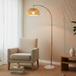 156 CM Arc Floor Lamp with Rattan Shade and Marble Base 3 Color Temperatures Boho Floor Lamps with Remote Control and Dimmable Bulb Beige - Image 4