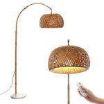156 CM Arc Floor Lamp with Rattan Shade and Marble Base 3 Color Temperatures Boho Floor Lamps with Remote Control and Dimmable Bulb Beige