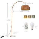 156 CM Arc Floor Lamp with Rattan Shade and Marble Base 3 Color Temperatures Boho Floor Lamps with Remote Control and Dimmable Bulb Beige - Image 3