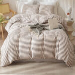 Cannon King 4 Pieces Duvet Cover Set Striped Textured Breathable and Soft Bedding Cover Set with Duvet Cover Fitted Sheet and Pillow Cases Beige