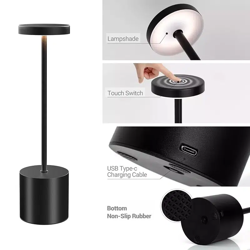 34 CM Cordless Table Lamp Rechargeable Battery Operated Touch Desk Lamp 3 Color Stepless Dimming Up Bedside Lamps Portable Small LED Light Black - Image 4