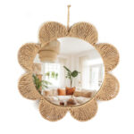 48 CM Handmade Wall Hanging Woven Rattan Mirror Rustic Round Boho Circle Wall Decor Aesthetic Mirrors for Bedroom Living Room Bathroom and Nursery