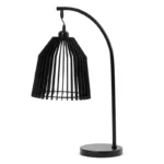 62 CM Metal Arched Table Lamp with Wooden Slatted Lampshade Retro Bedside Lampshade Warm Night Lamps with Switch for Bedroom and Living Room Black