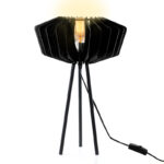 44 CM Wooden Slatted Table Lamp with Metal Tripod Legs Bamboo Boho Lampshade Warm Night Lamps with Switch for Bedroom Living Room and Bedside Black