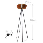 147 CM Wooden Slatted Tall Floor Lamp with Metal Tripod Legs Bamboo Boho Lampshade Warm Night Lamps with Switch for Bedroom and Living Room Brown - Image 3
