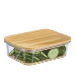 18 CM Glass Kitchen Storage Organizer Container with Wooden Lid for Pantry Cabinets Shelves Drawer and Freezer