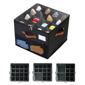 16 Pairs Dustproof Foldable Shoe and Slipper Storage Box with Adjustable Dividers Side Mesh Pocket and Zippered Clear Cover Space Saving Organizer for Closet Black