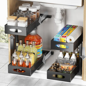 2-Tier Metal Under Sink Pull Out Organizer Sliding Drawers Adjustable Height Organizers and Storage Kitchen Bathroom Detergent Black